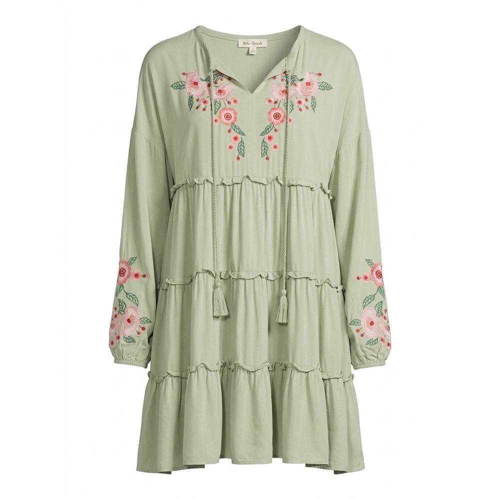 Mazik Embroidered Floral Tiered Tunic Dress Womens Large Sage Green Boho MK2104